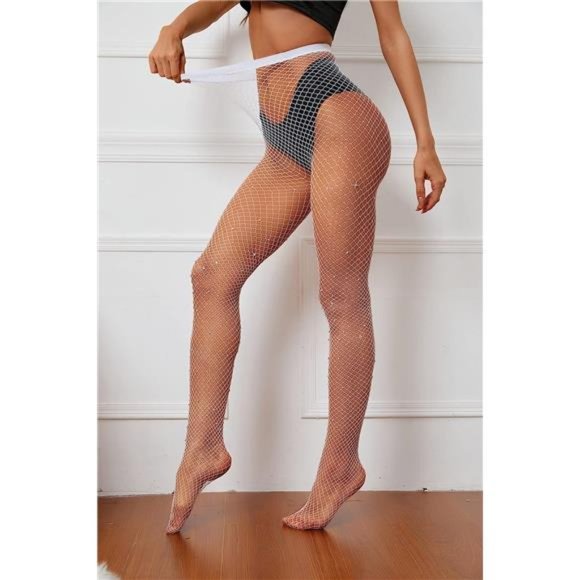 Sexy High Waist Tights Sparkle Rhinestone W-small Grid-white - Picture 3 of 6